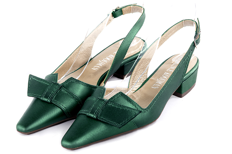 Emerald green women's open back shoes, with a knot. Tapered toe. Low block heels - Florence KOOIJMAN